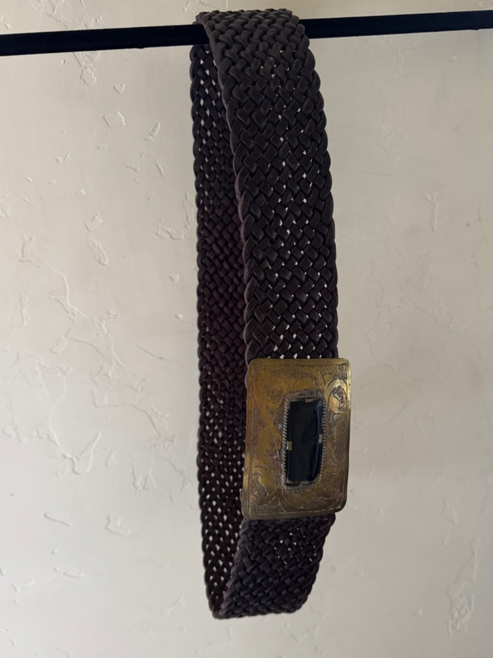 Women's Brown Woven Leather Belt with Decorative Brass Buckle
